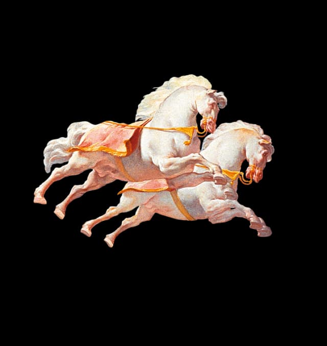 Two horses pulling a chariot, in the style of a baroque painting.