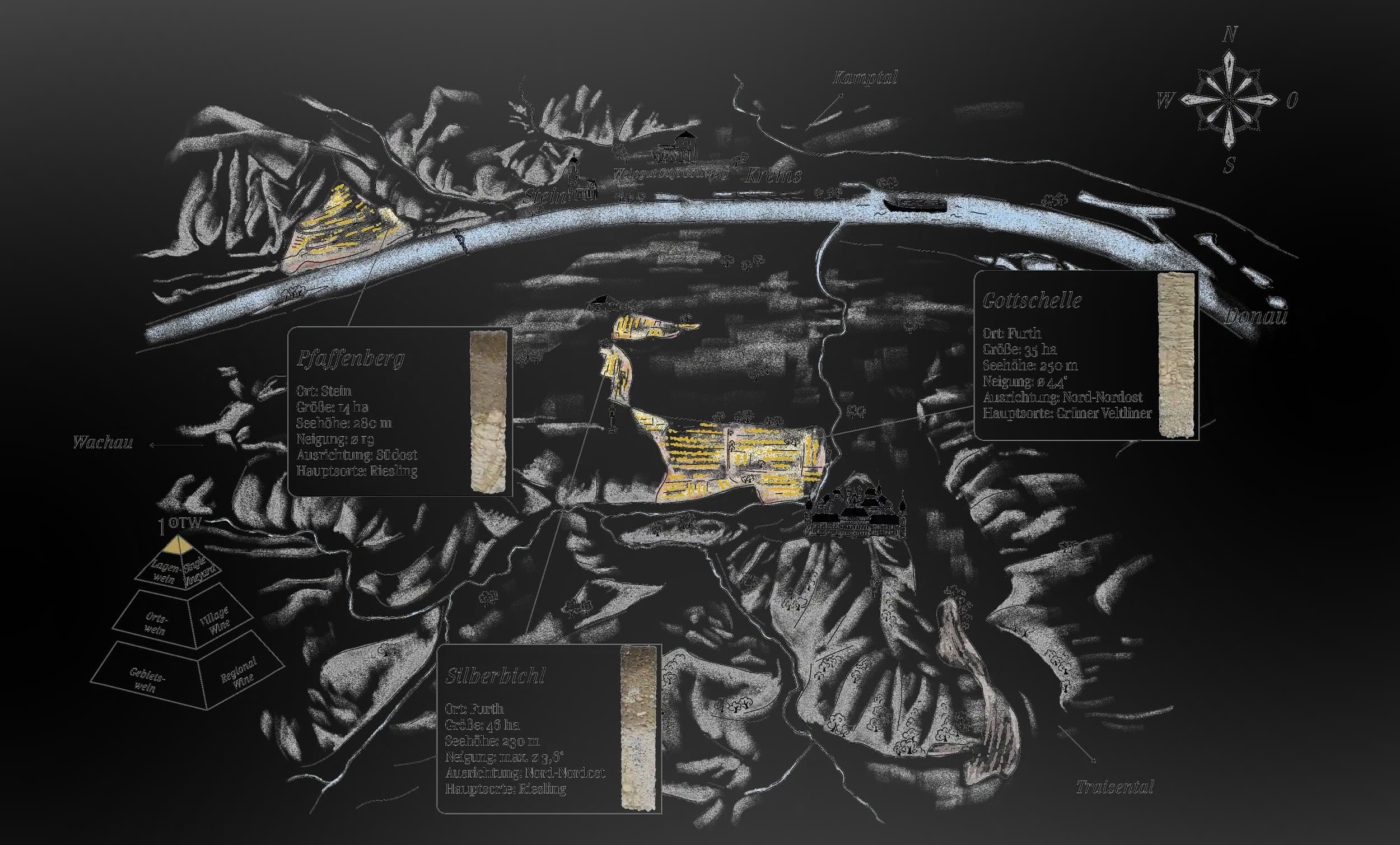 Eine illustrierte Karte der Weinregion um Stift Göttweig, die die wichtigsten Lagen wie Pfaffenberg, Gottschelle und Silberbichl zeigt.